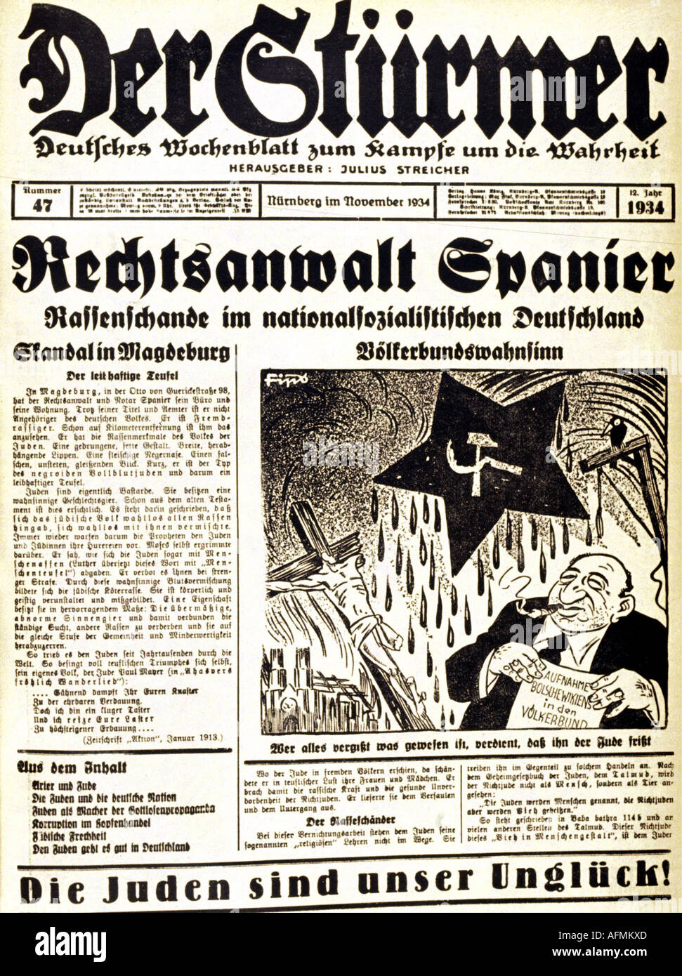 Nazismo / nazionalsocialismo, stampa, giornale 'er Stürmer', numero 47, Norimberga, novembre 1934, titolo, caricatura di Fips, Foto Stock