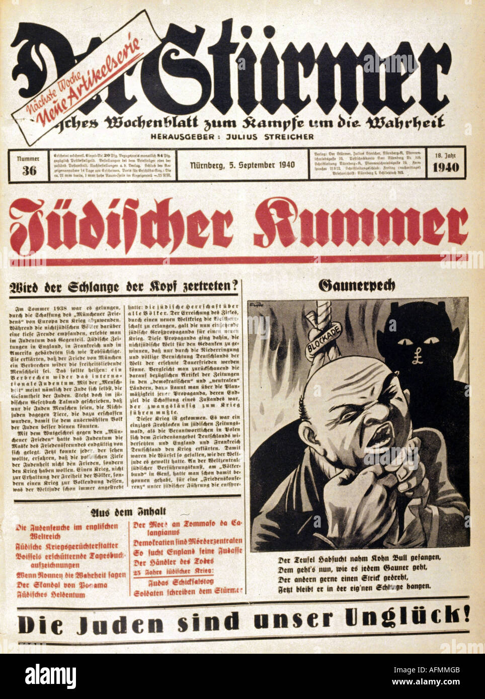 Nazismo / nazionalsocialismo, stampa, giornale 'Der Stürmer', numero 36, Norimberga, 5.9.1940, titolo, caricatura di Fips, Foto Stock