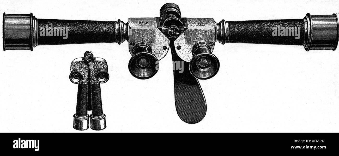 Zeiss, Carl, 11.9.1816 - 3.12. 1888, industriale e meccanista tedesco, il suo dualtelescopio, incisione, 19. Secolo, Foto Stock