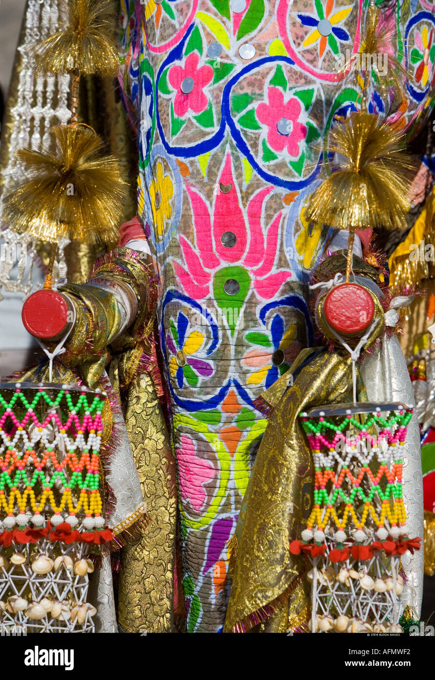 Tronco e segati zanne di altamente decorato elephant festival di Jaipur India Foto Stock