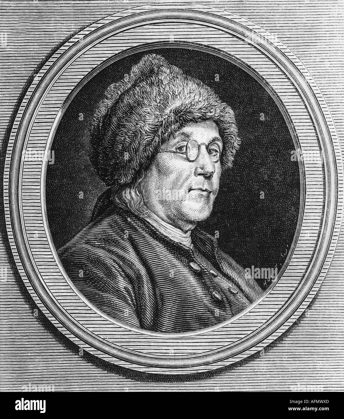 Franklin, Benjamin, 17.1.1706 - 17.4.1790, American Natural scienziato e uomo politico, ritratto, incisione da agosto de Sain-Aubin, dopo , artista del diritto d'autore non deve essere cancellata Foto Stock