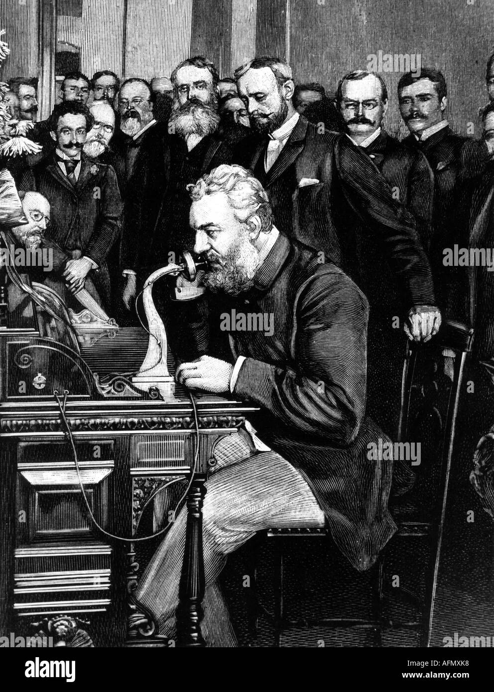 Bell, Alexander Graham, 3.3.1847 - 2.8.1922, inventore americano, a metà lunghezza, inaugurando la linea telefonica New York - Chicago, 18.10.1892, incisione, 19th secolo, Foto Stock