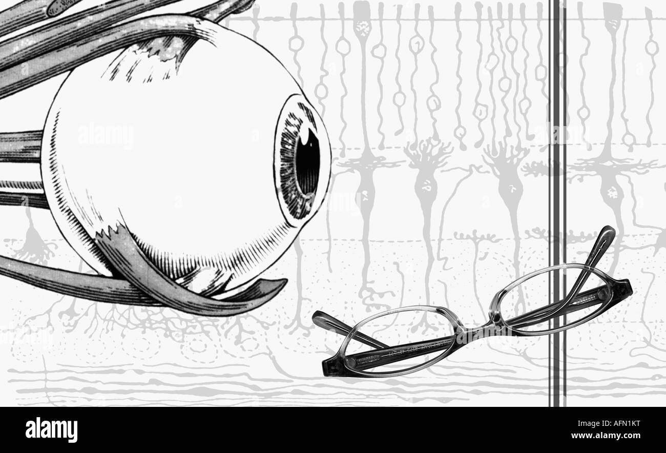 Orb umano guardando un paio di occhiali Foto Stock