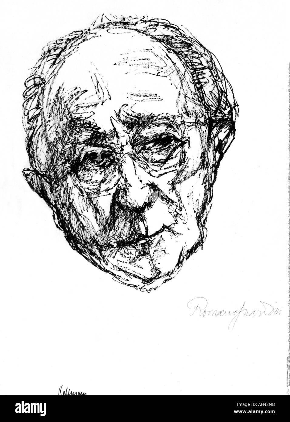 Guardini, Romano, 17.2.1885 - 1.10.1968, filosofo e teologo italiano, (cattolico), ritratto, disegno del professor Hans Jürgen Kallmann, con firma, 19.1.1965, Foto Stock