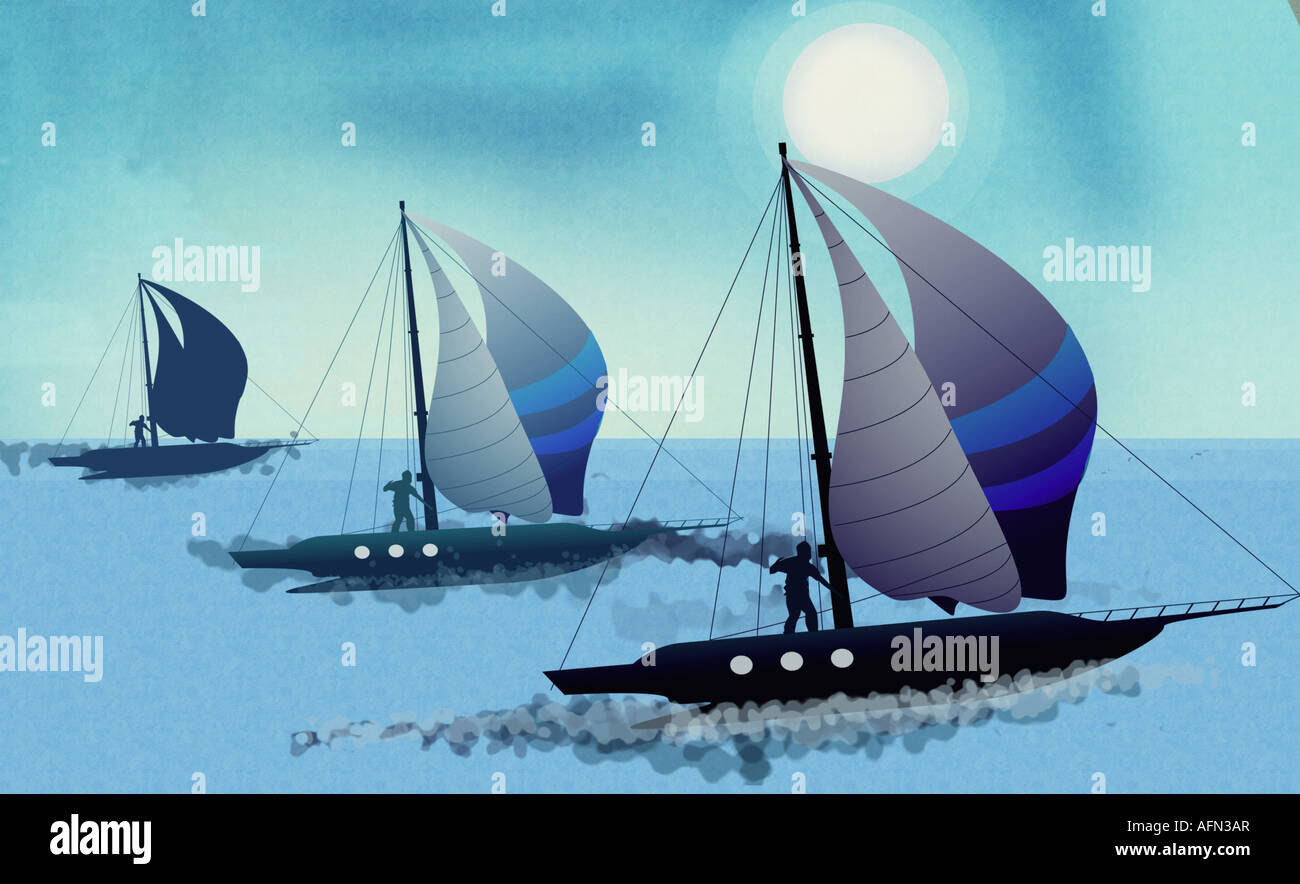 Tre barche a vela in una fila in mare Foto Stock