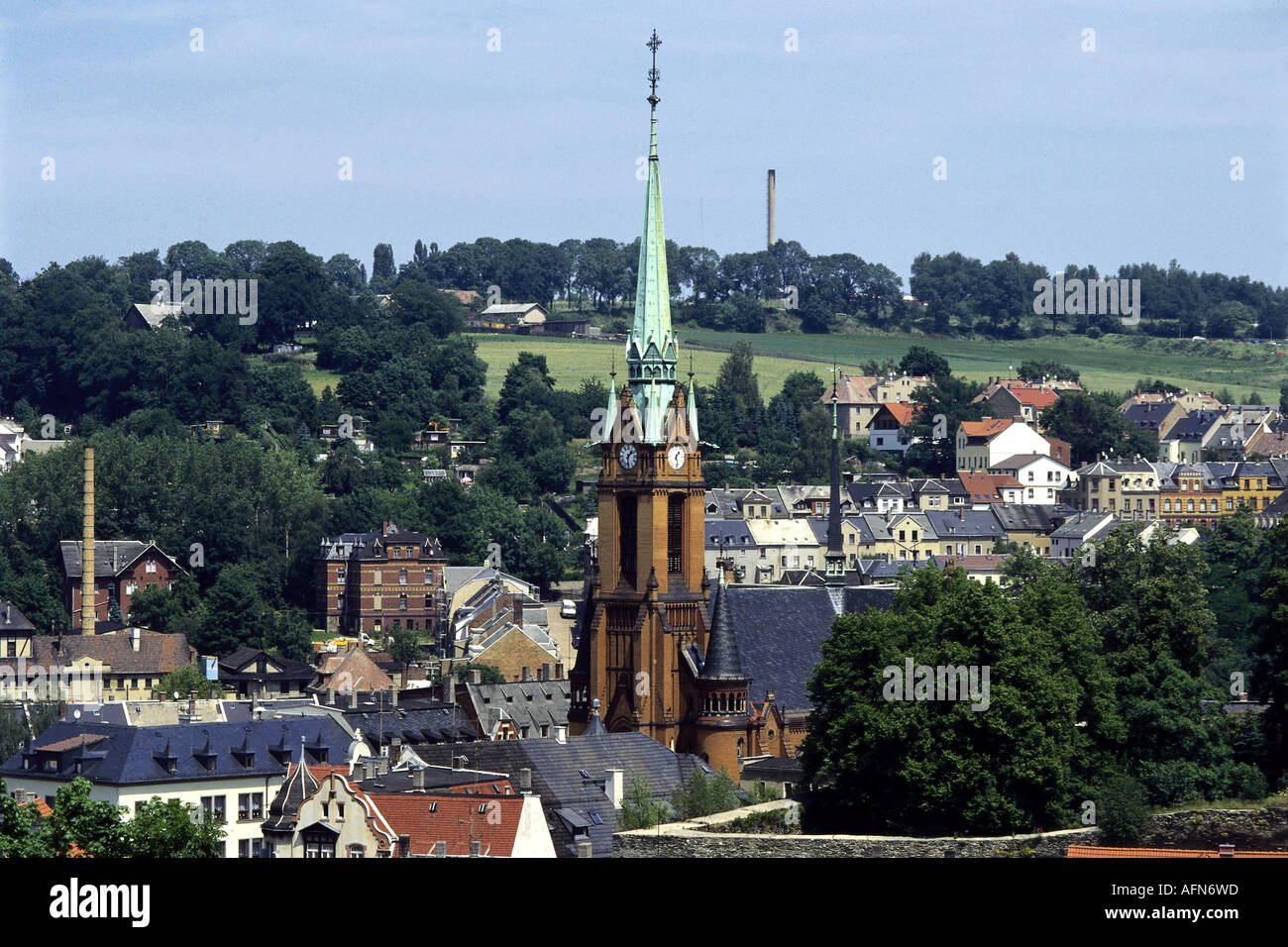 Geografia / viaggi, in Germania, in Sassonia, Mylau, viste sulla città / cityscapes, vista da chiesa, Vogtland, guglia, Foto Stock