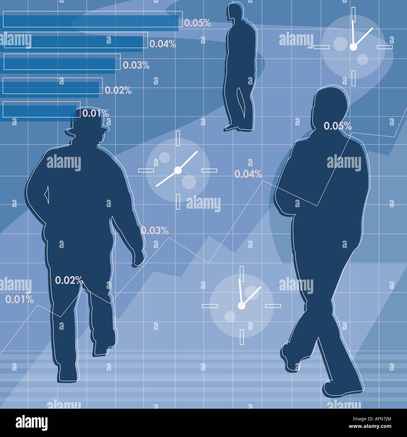 Tre uomini di affari con grafici e orologi Foto Stock