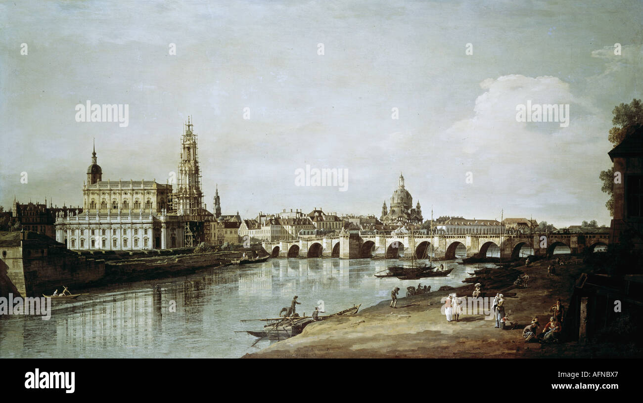 "Belle Arti, Bellotto, Bernardo, chiamato il Canaletto, (1721 - 1780), pittura, 'Dresden visto dalla riva destra del fiume Elba downrive Foto Stock