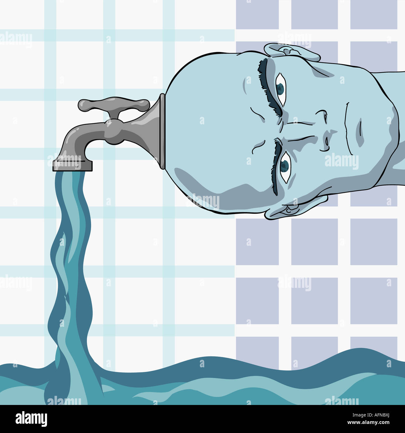 L'uomo la testa sotto forma di un rubinetto con acqua fluente Foto Stock