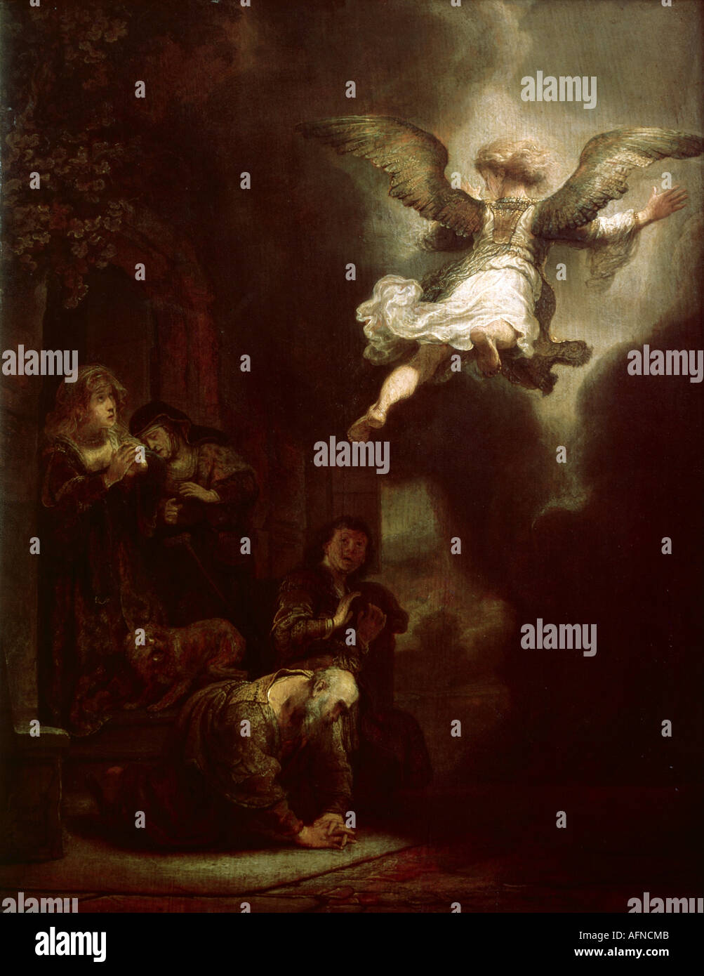 "Belle Arti, Rembrandt, (15.7.1606 - 4.10.1669), pittura, 'l'Arcangelo lasciando la famiglia di Tobias", 1637, olio su pannello', Foto Stock