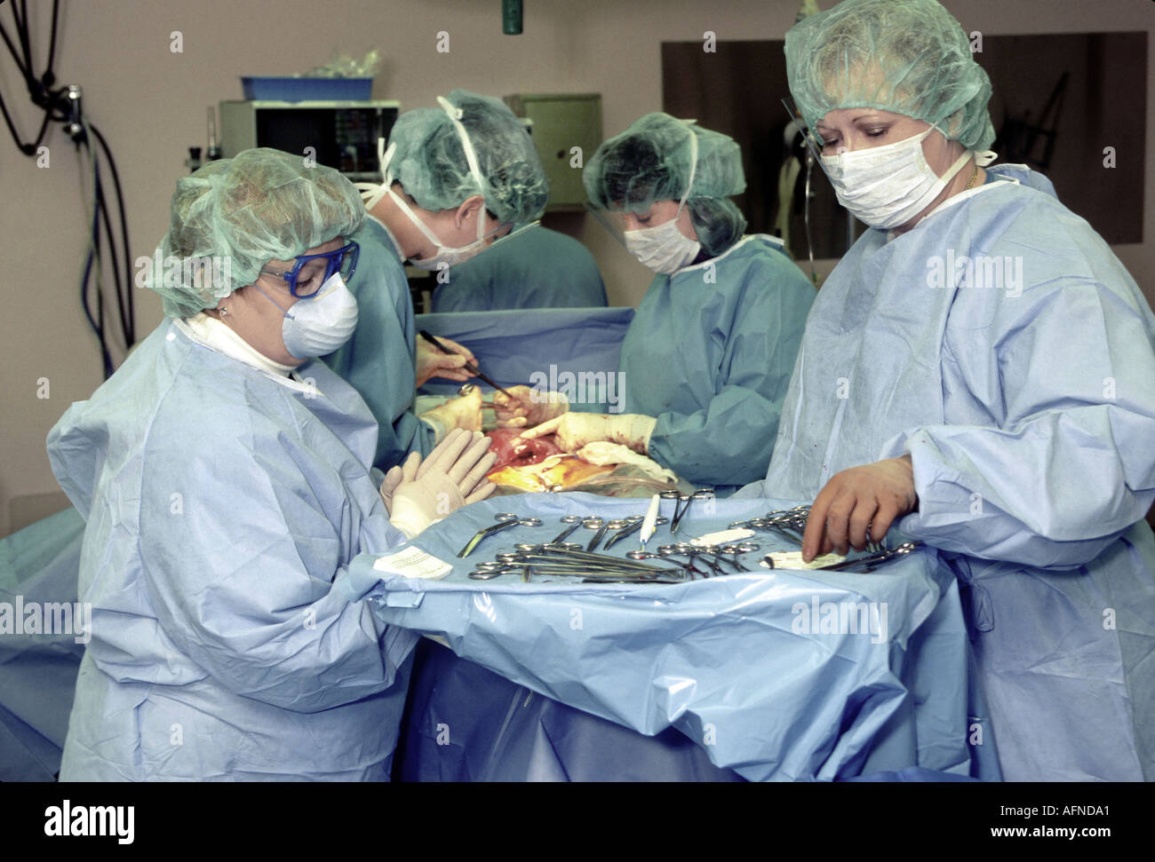 I medici in una sala operatoria eseguire un taglio cesareo nascita su una donna in stato di gravidanza Foto Stock