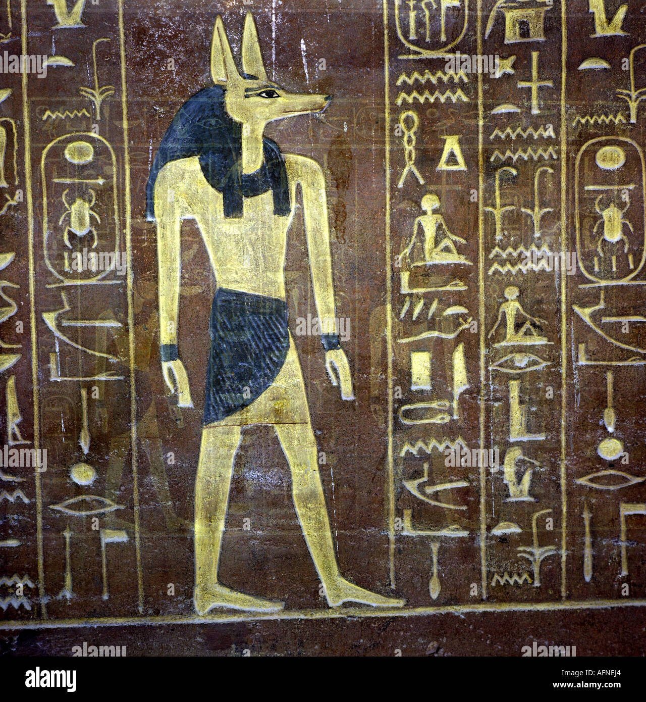 Geografia/viaggio, Egitto, religione, dio Anubis, pittura murale, tomba di re Amenhotep II (circa 1438 - 1412 vChr.), dinastia 18th, geroglifici, mondo antico, nuovo Regno, belle arti, storico, mondo antico, Foto Stock