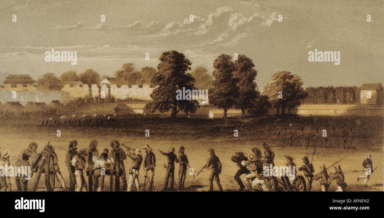 Eventi, Seconda guerra dell'oppio 1856 - 1860, attacco delle forze britanniche e francesi a Canton, dicembre 1857, incisione contemporanea di Hanhart dopo Oliphant, Cina, Gran Bretagna, Francia, colonialismo, imperialismo, Asia, storico, storico, 19th secolo, persone, Foto Stock