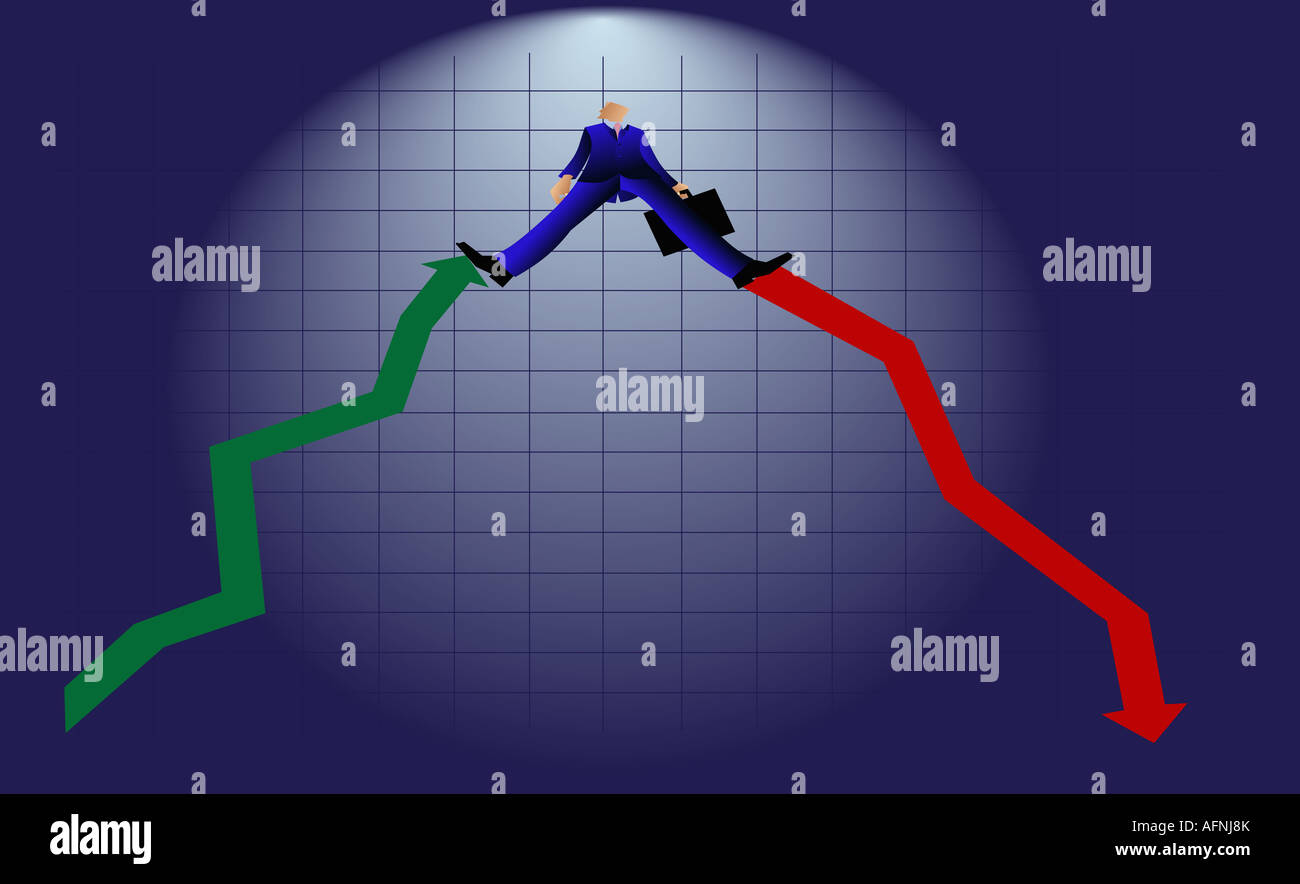 Imprenditore bilanciamento sulla sommità di due grafici a linee Foto Stock