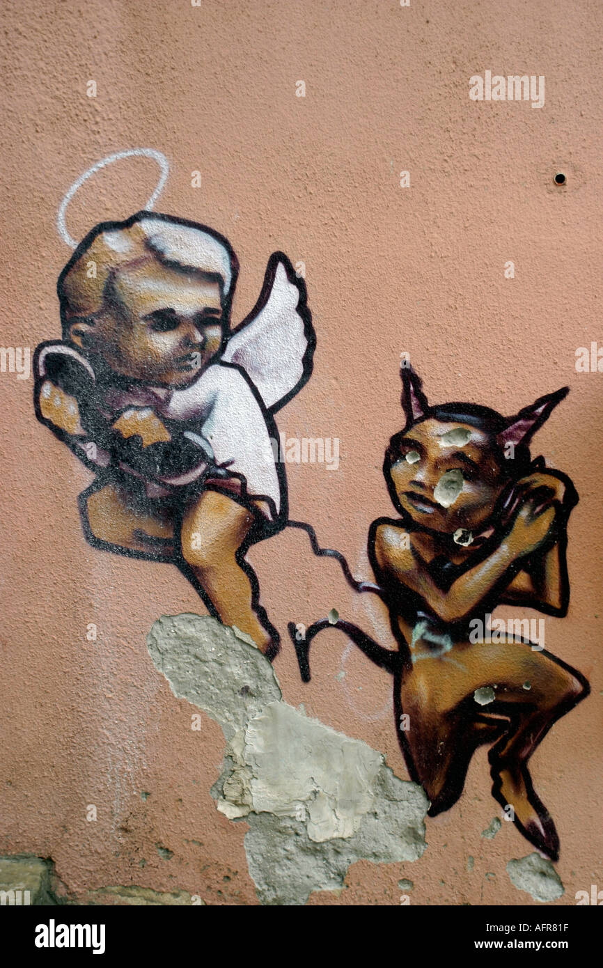 Graffiti inferno e paradiso Mali Losinj - Croazia Foto Stock