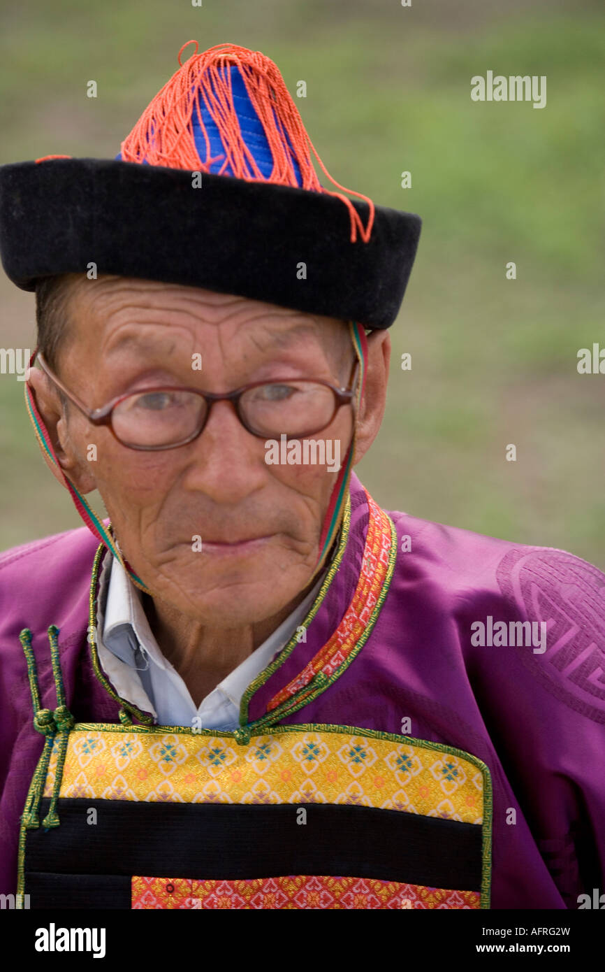 Vecchio archer presso il festival di Naadam UB Mongolia Foto Stock