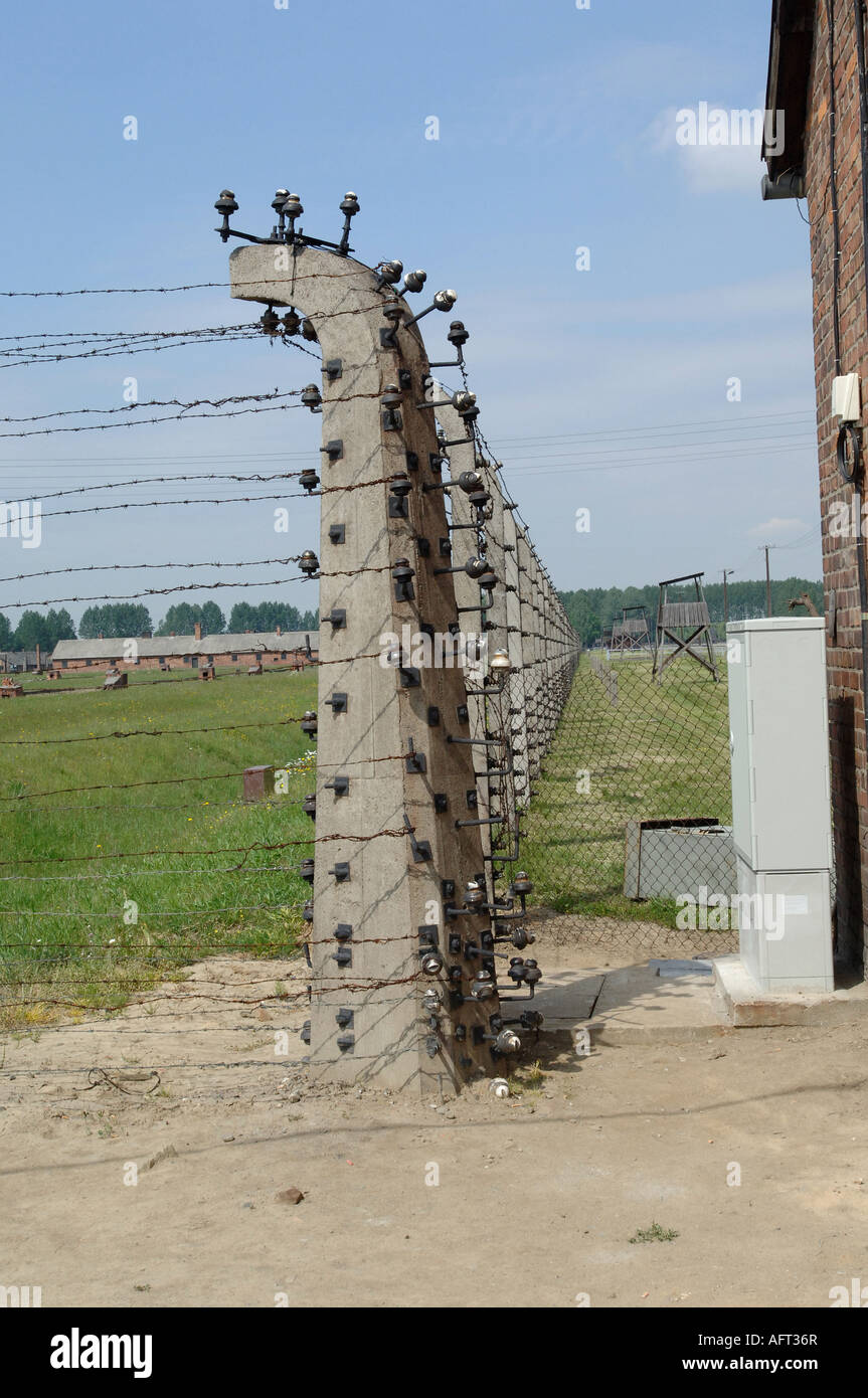 Elettrico, filo spinato, recinto di Auschwitz Polonia Foto Stock