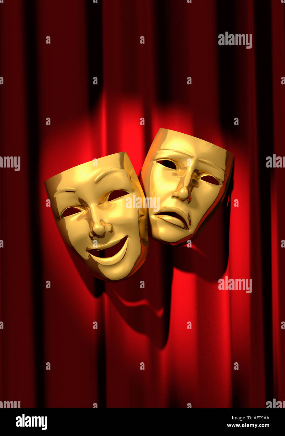 La commedia e la tragedia maschere su sipario rosso. Foto Stock