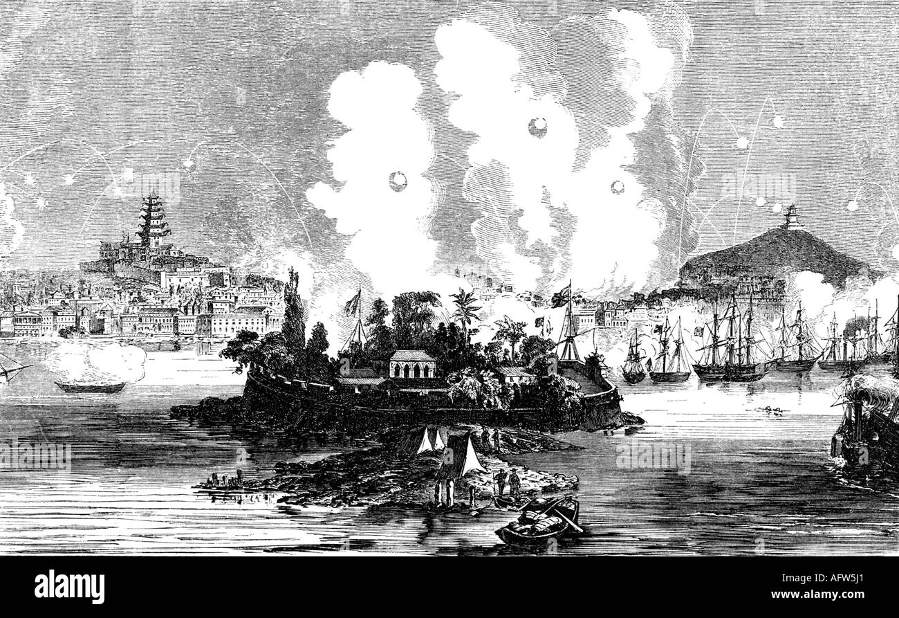 Eventi, Seconda guerra dell'oppio 1856 - 1860, bombardamento di Canton, 28.12.1857, incisione, 19th secolo, marina britannica e francese, Cina, Gran Bretagna, Francia, colonialismo, imperialismo, Asia, storico, storico, popolo, Foto Stock