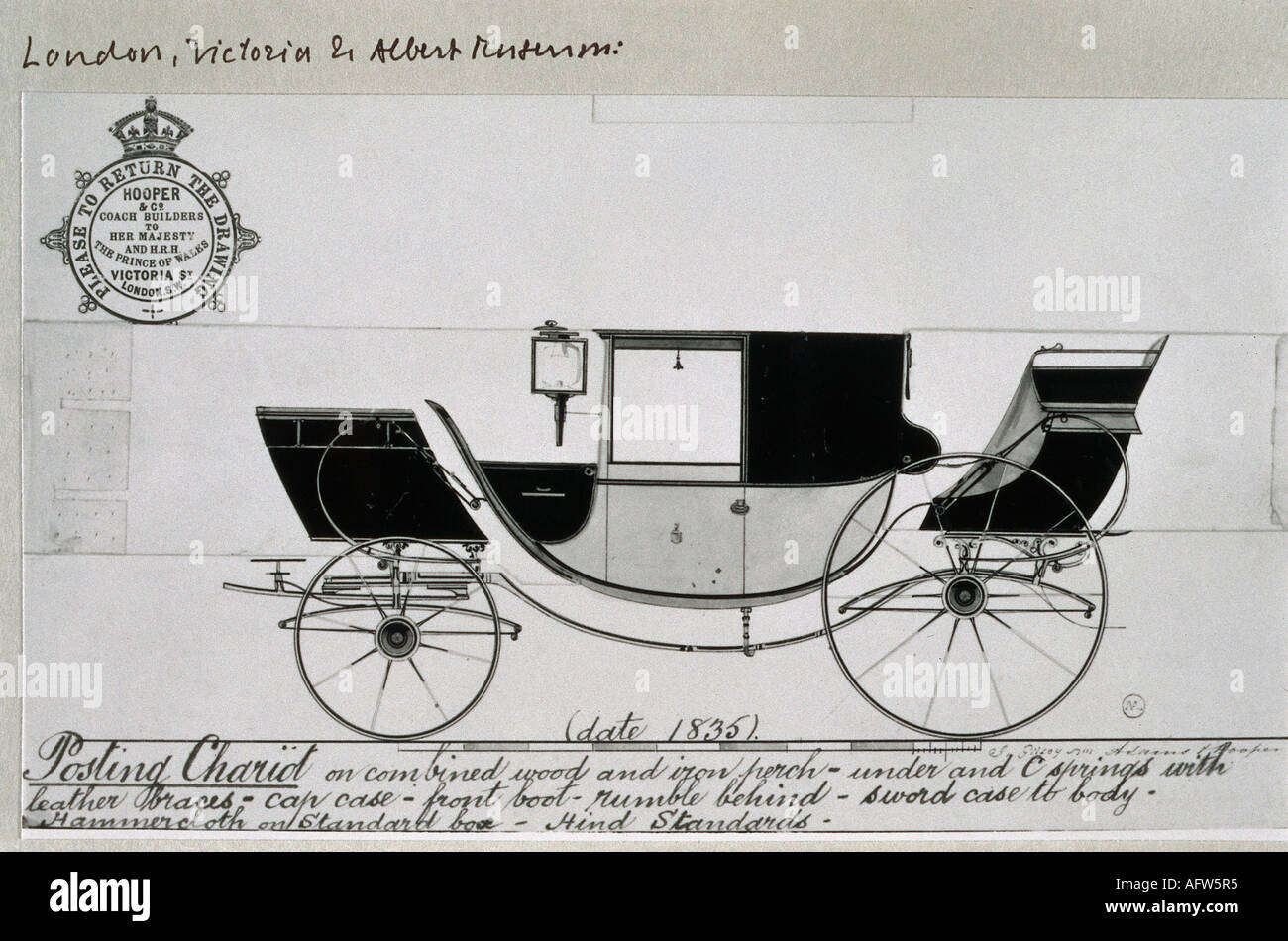 Trasporto/trasporto, trasporto, trasporto di carri su perch combinato di legno e ferro, pianta, vista laterale, Hooper e Co., Londra, 1835, Foto Stock