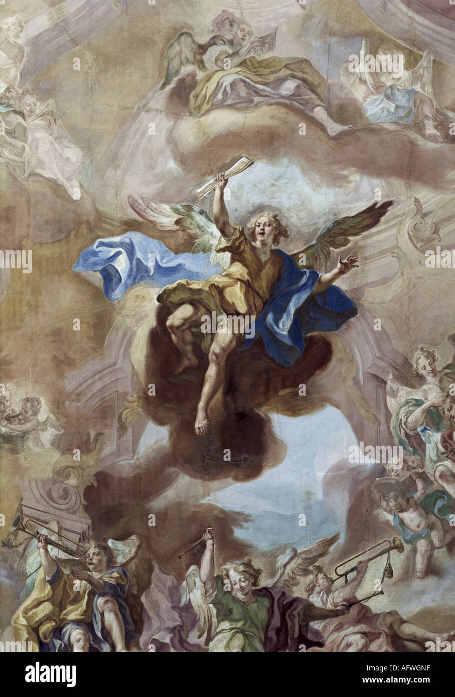 Belle arti, l'arte religiosa, angeli, orchestra di angeli, dettaglio, Angelo con rotellina di scorrimento, affresco di Gottfried Bernhard Göz (1708 - 1760), Birnau minster, artista del diritto d'autore non deve essere cancellata Foto Stock