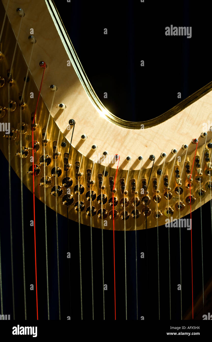 Un tradizionale full size concerto arpa classica close up dettaglio chiavi di stringhe contro deep sfondo nero Foto Stock