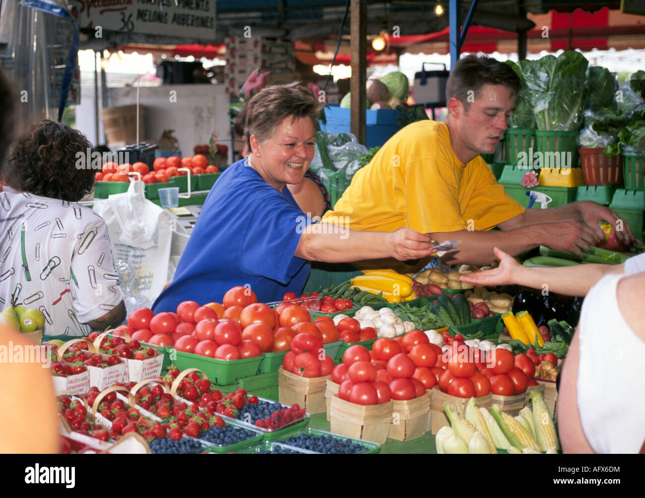 I fornitori vendono pomodori freschi mirtilli mais e fragole in questo grande indoor outdoor mercato nella vecchia Montreal Foto Stock