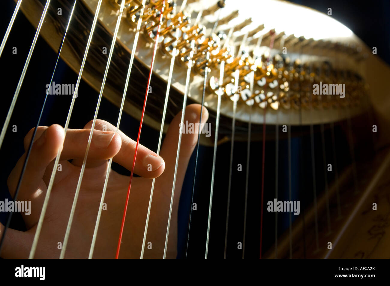 Tradizionale a piena dimensione concerto per arpa classica close up dettaglio chiavi di stringhe - dita spennatura a stringhe Foto Stock