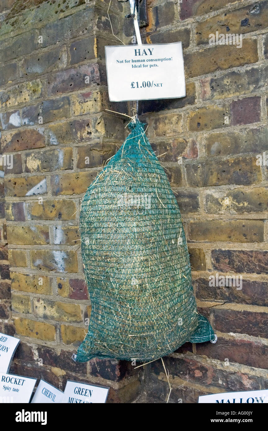 Sacchetto di fieno per la vendita di Islington Farmers Market Londra Inghilterra REGNO UNITO Foto Stock