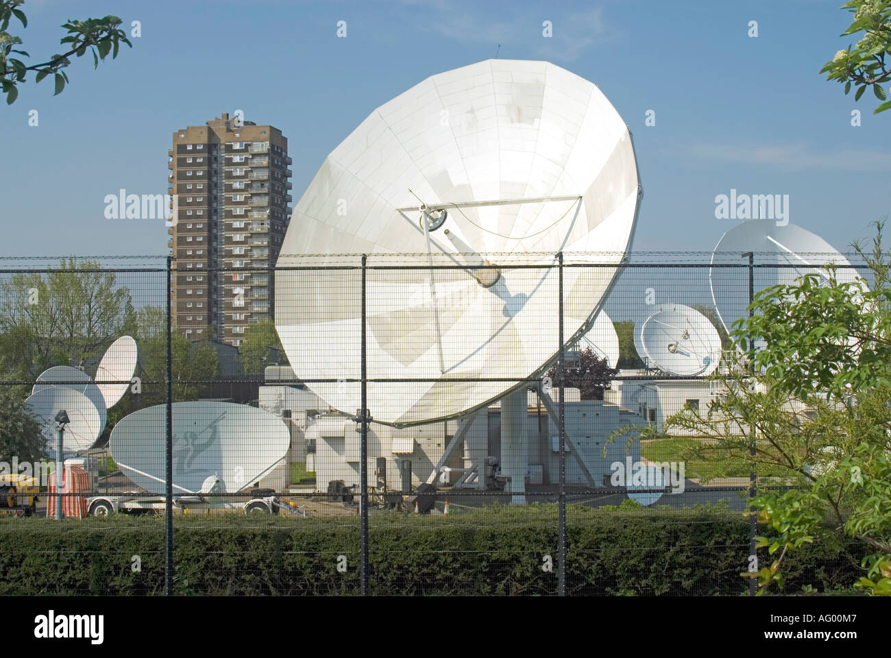 North Woolwich British Telecom International Teleport grandi le  comunicazioni via satellite a piatti con un elevato livello di sicurezza  recinzioni Newham Est Londra Inghilterra REGNO UNITO Foto stock - Alamy
