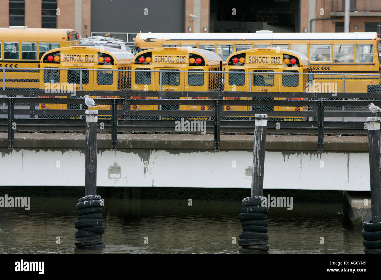 Giallo scuola-bus in un parcheggio accanto all'East River new york city new york STATI UNITI D'AMERICA Foto Stock