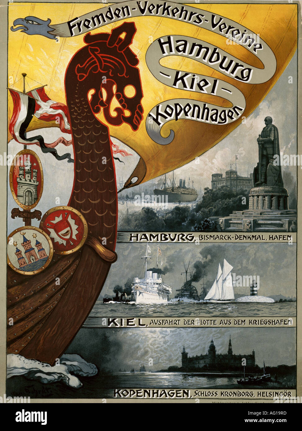Pubblicità, turismo, Fremden - Verkehrs - Vereine Hamburg - Kiel - Kopenhagen, Hamburg, circa 1910, Foto Stock