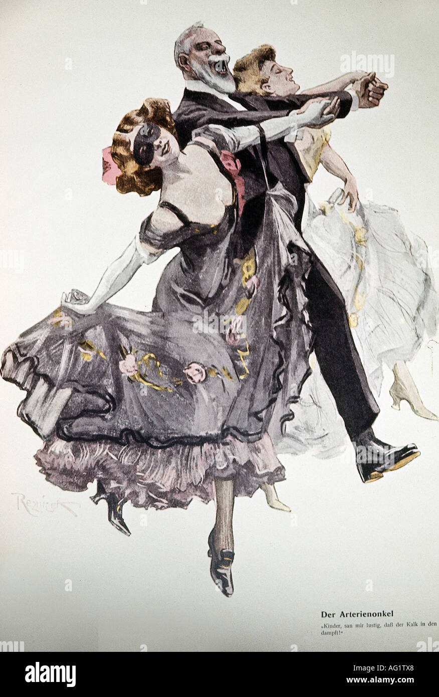 Danza, sambuco danzante con due giovani donne, caricature, 'er Arterienonkel' von Ferdinand von Reznicek (1868 - 1909), , Foto Stock