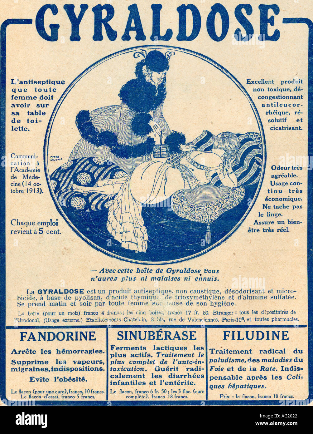 Annuncio francese c.1916 per Gyraldose, un antisettico igiene femminile prodotto. Foto Stock