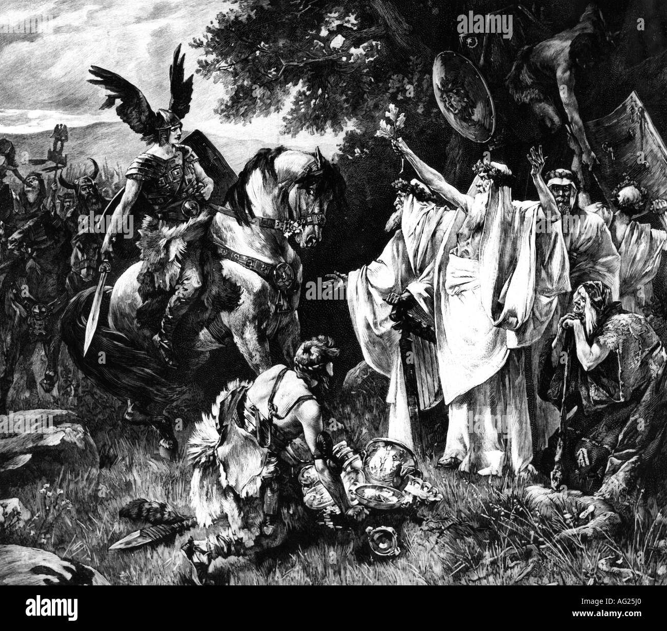 Arminius (Hermann), circa 17 a.C. - circa 21 d.C., dopo la battaglia contro Germanico, Foresta di Teutoburg, consegna del tesoro romano d'argento ai sacerdoti, 9 d.C. Foto Stock