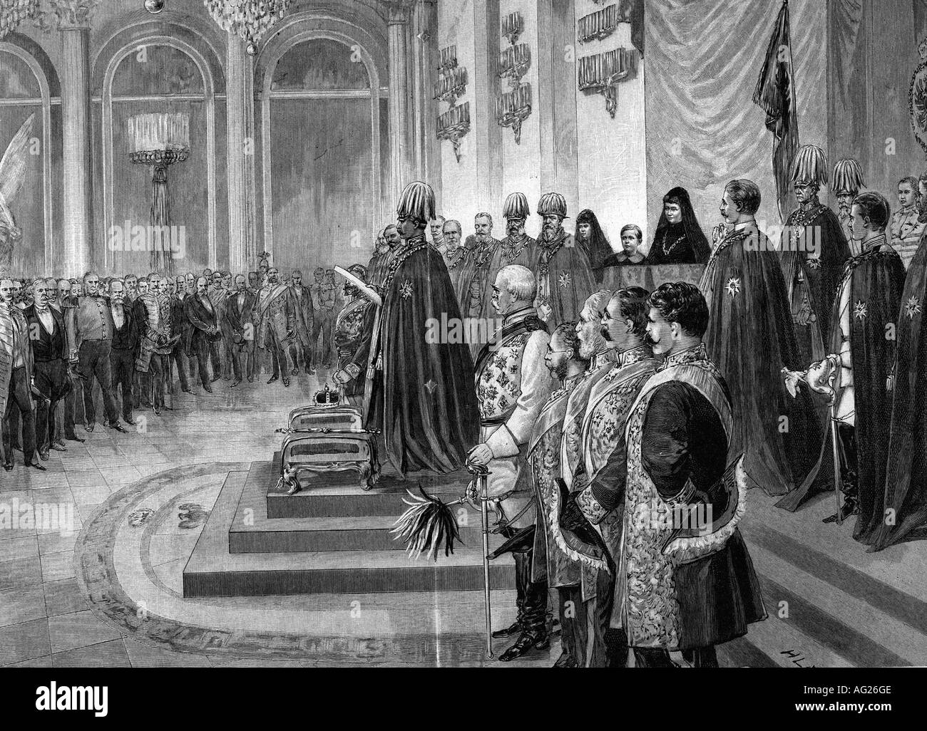 Wilhelm II, 27.1.1859 - 4.6.1941, Imperatore tedesco, 15.6.1888 - 9.11.1918, apertura del Reichstag tedesco, Berlino, 25.6.1888, incisione su disegno di Hermann Lüders, , Foto Stock