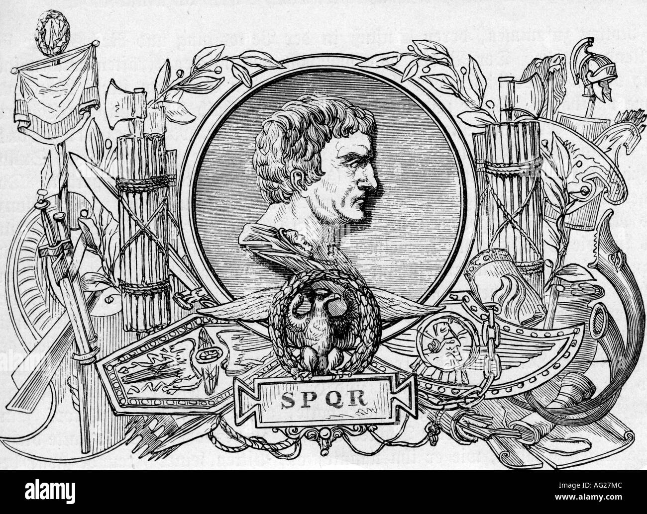 Pompeo Magnus, Gnaeus, 106 - 48 a.C., politico romano e militare leader, ritratto, vista laterale, incisione, 19th secolo, Pompeo il Grande, mondo antico, Impero Romano, cornice allegorica, , Foto Stock