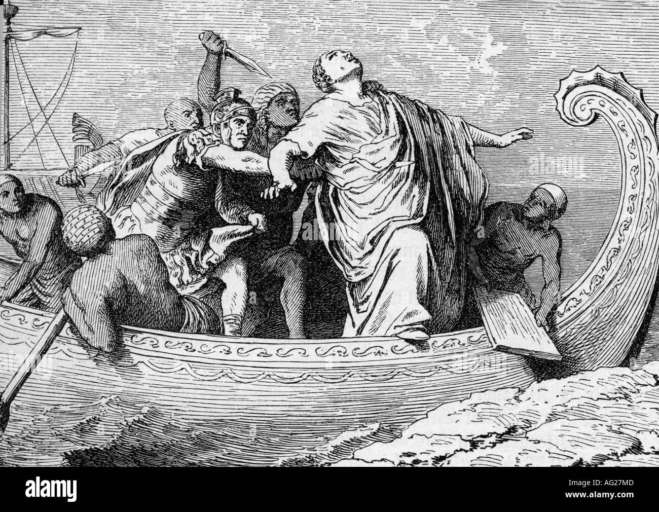Pompeo Magnus, Gnaeus, 106 - 48 a.C., politico romano e leader militare, morte, assassinio sulla costa dell'Egitto, incisione, 19th secolo, Pompeo il Grande, mondo antico, Impero Romano, omicidio, guerra civile, , Foto Stock