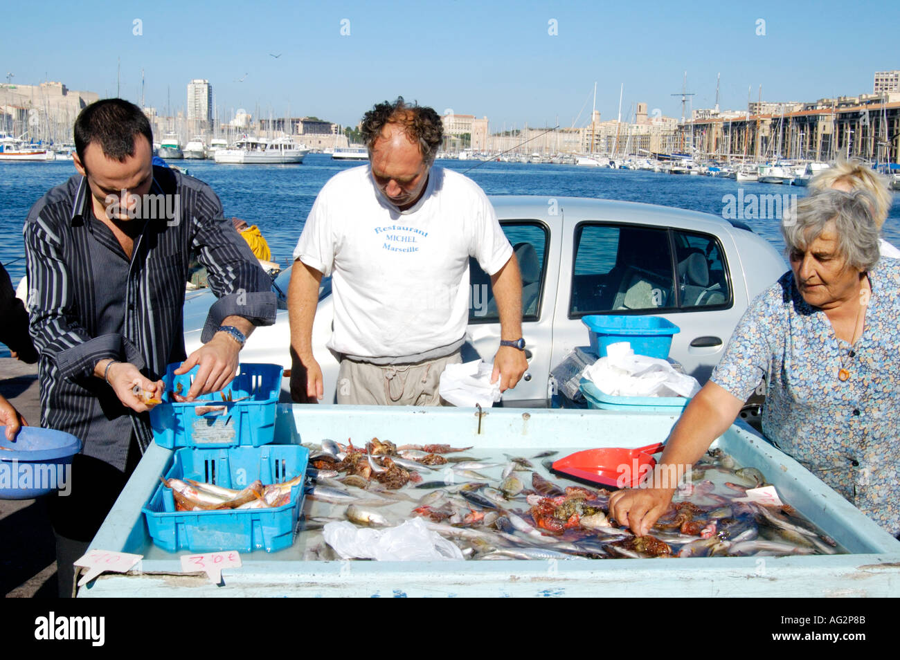 Francia Marseille Vieux Port proprietario della bouillabaisse ristorante Miramar Christian Buffa di sinistra sul pesce di prelievo al mattino Foto Stock