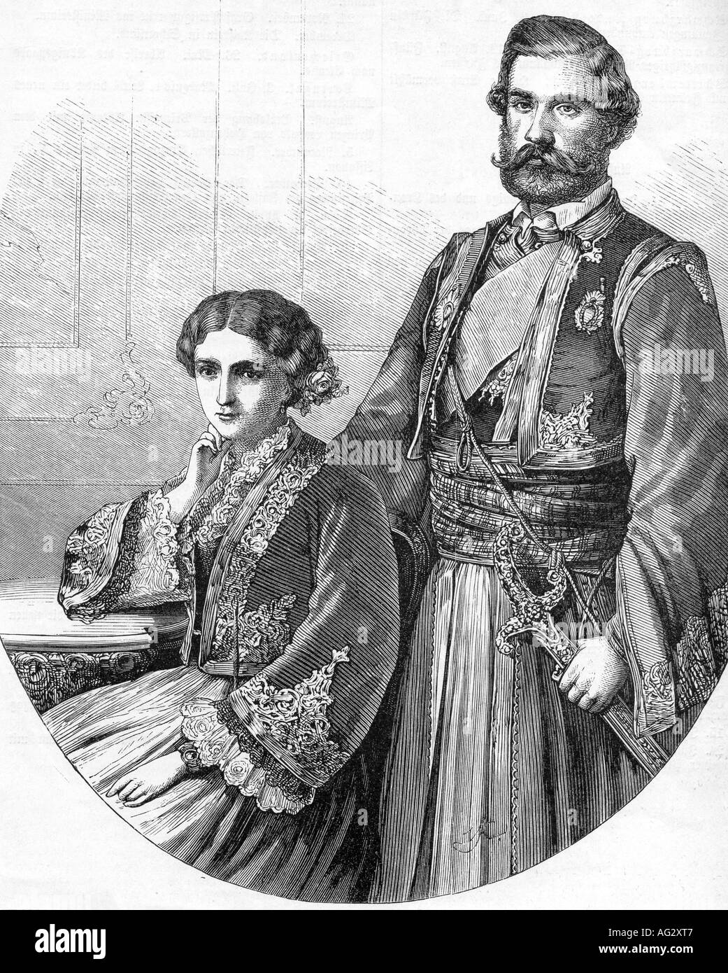 Mihailo, 13.9.1823 - 10.6.1868, Principe di Serbia 8.7.1839 - 7.9.1842 e 26.9.1860 - 10.6.1868, con moglie Julie, incisione, 19th secolo, Obranovich, Julia Countess Hunyady, Serbo costume nazionale, Michael, , Foto Stock