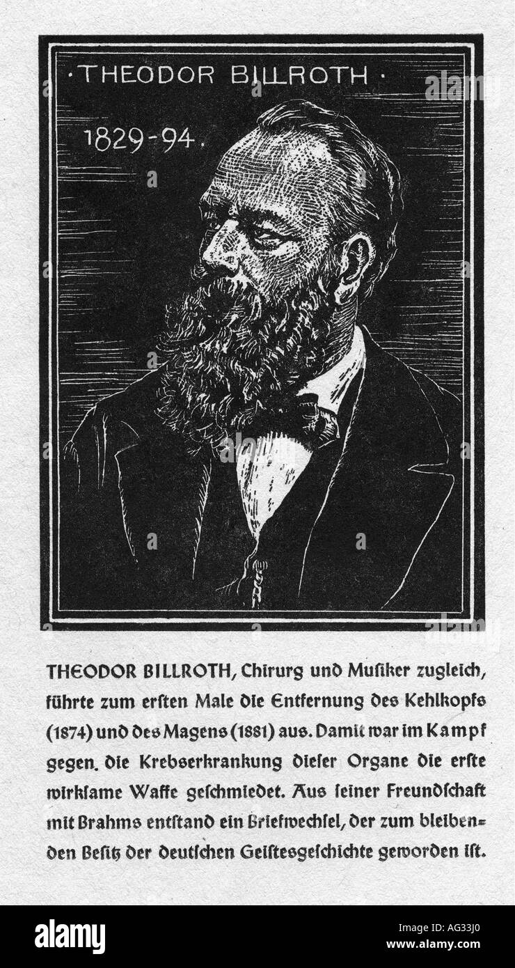 Billroth, Theodor, 26.4.1829 - 6.2.1894, medico medico medico tedesco, ritratto, legno tagliato, O. Graf, 'Kämpfer für das Leben', C. H. Boehringer Sohn AG, Foto Stock