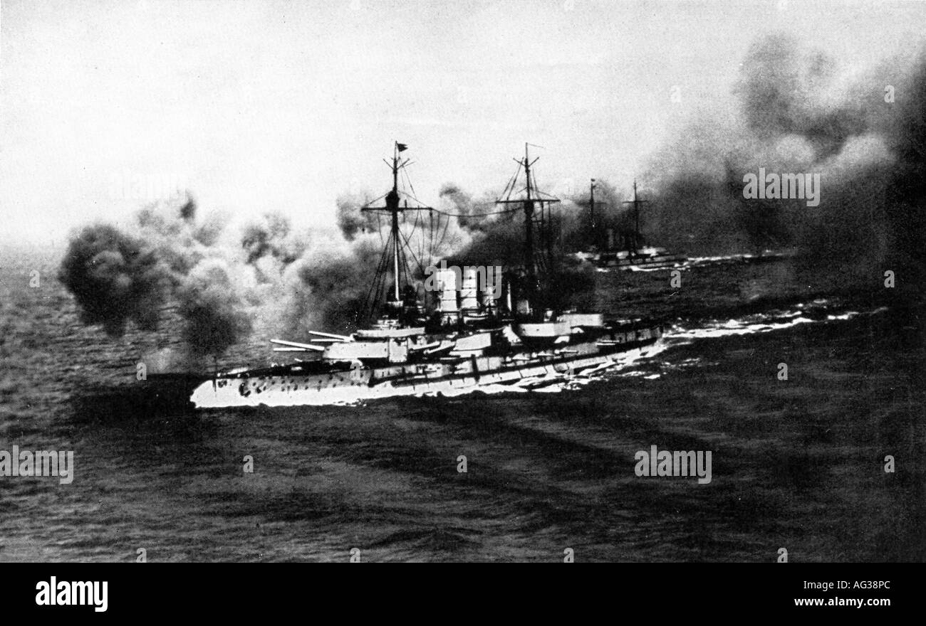 Eventi, Prima guerra mondiale / prima guerra mondiale, guerra navale, Battaglia di Jutland 31.5.1916 - 1.6.1916, SMS tedesco battlecruiser 'De fflinger' spara un lato, , Foto Stock
