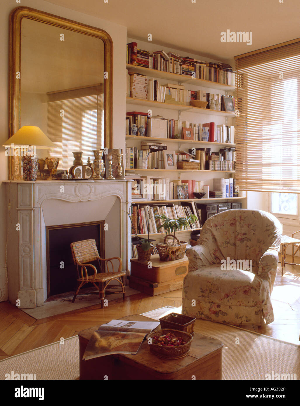 Specchio sopra il camino in francese appartamento soggiorno con libreria e  loosecover floreali su poltrona Foto stock - Alamy