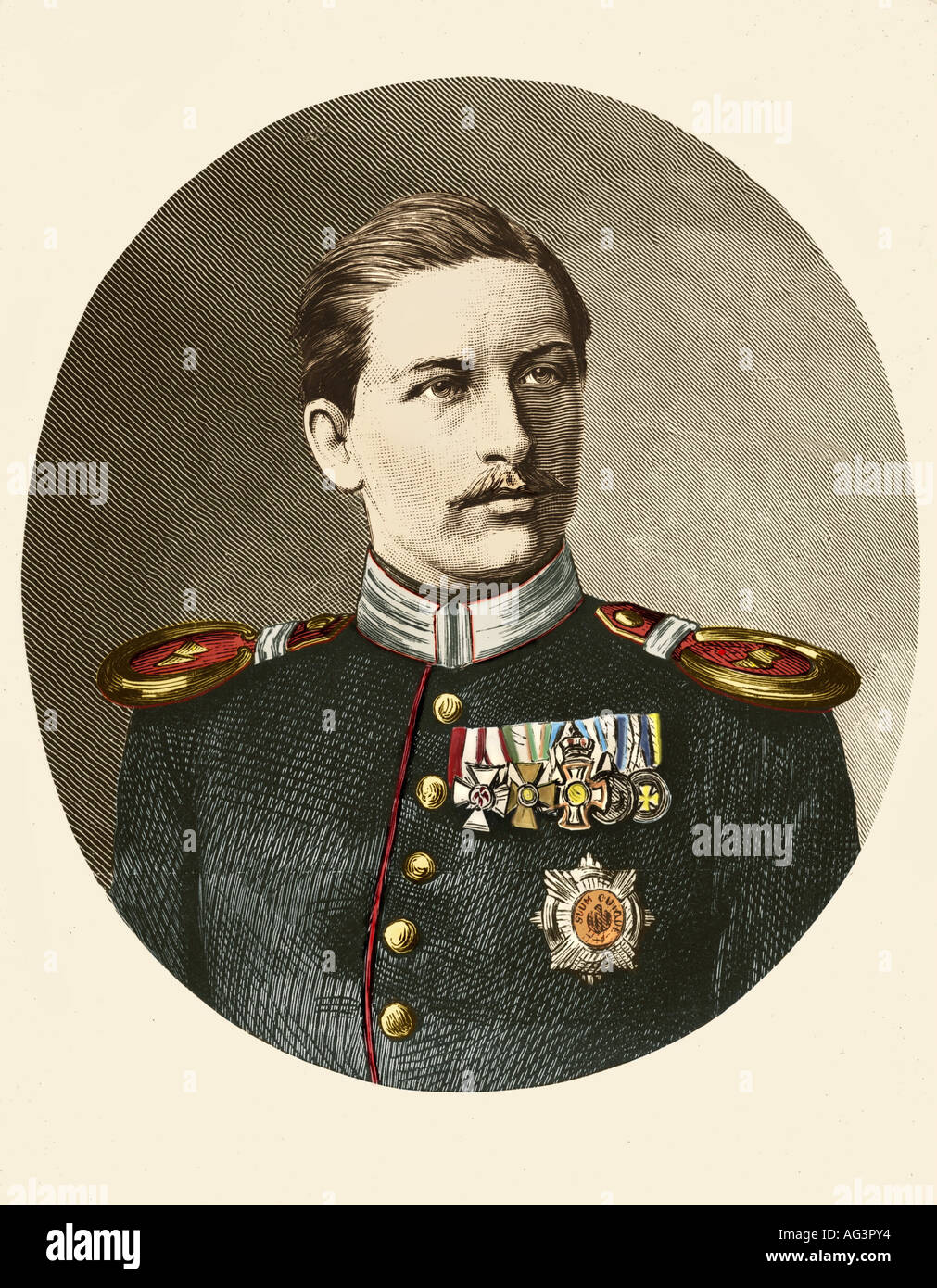 Wilhelm II, 27.1.1859 - 4.6.1941, Imperatore tedesco 15.6.1888 - 9.11.1918, ritratto, incisione, circa 1881, Hohenzollern, principe ereditario, 19th secolo, Germania, Guglielmo, successivamente colorato, , Foto Stock