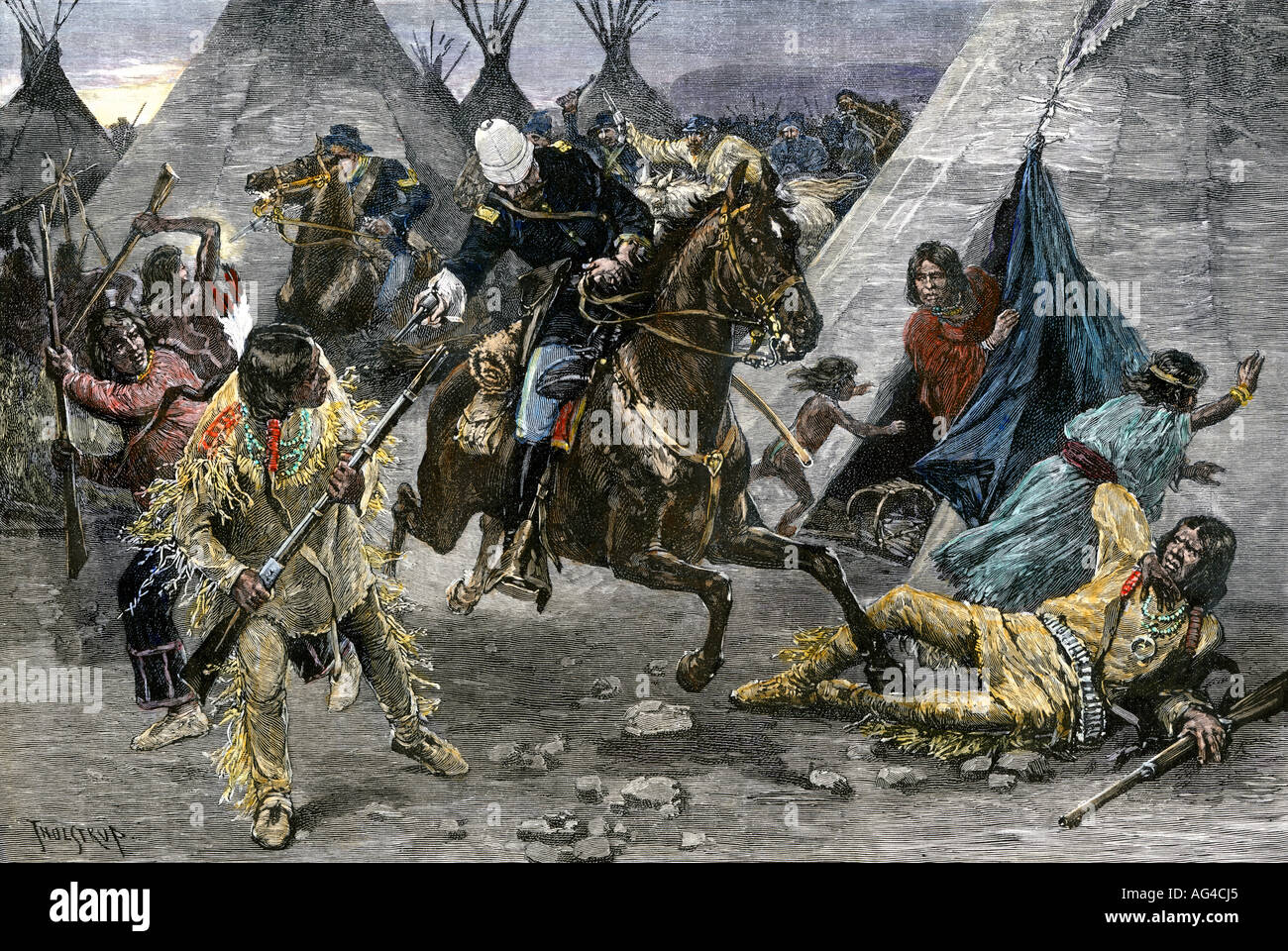 Noi Cavalleria attaccando un Sioux villaggio indiano 1880. Colorate a mano la xilografia Foto Stock