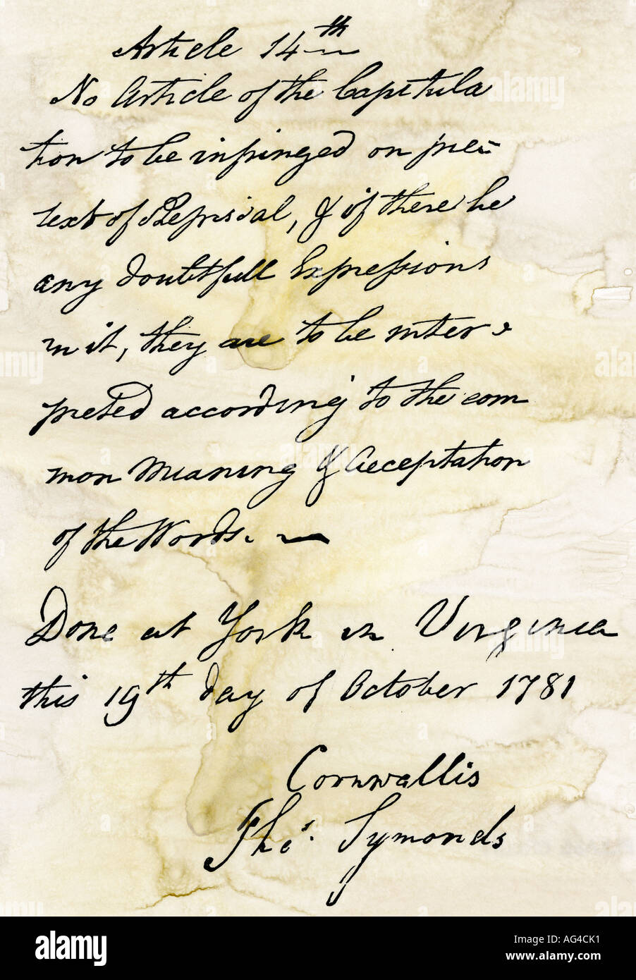 Capitolazione di documento di Lord Cornwallis al generale George Washington a Yorktown 1781. Xilografia con un lavaggio ad acquerello Foto Stock