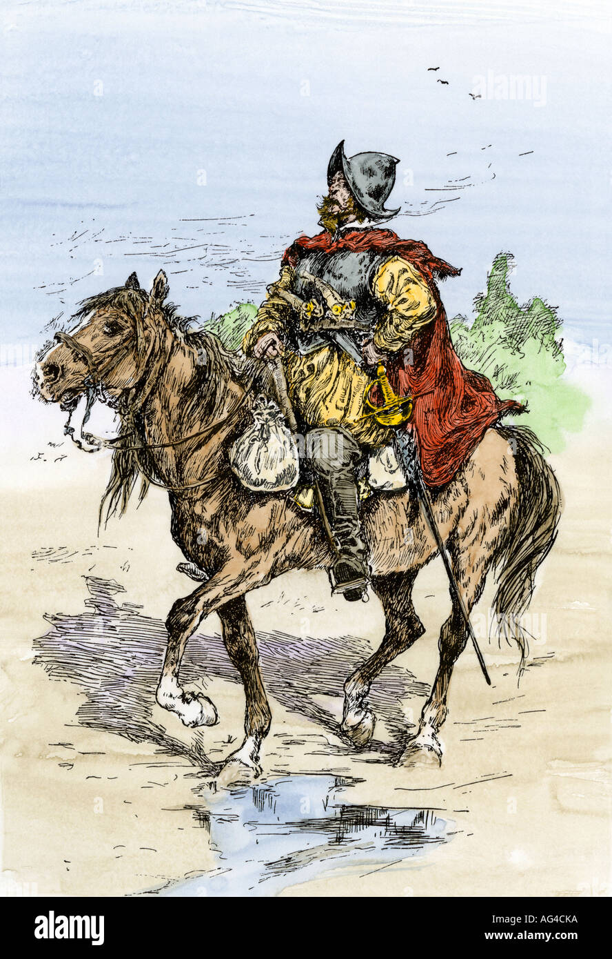 Il conquistador spagnolo in armatura a cavallo nella Nuova Spagna 1500s. Colorate a mano la xilografia Foto Stock