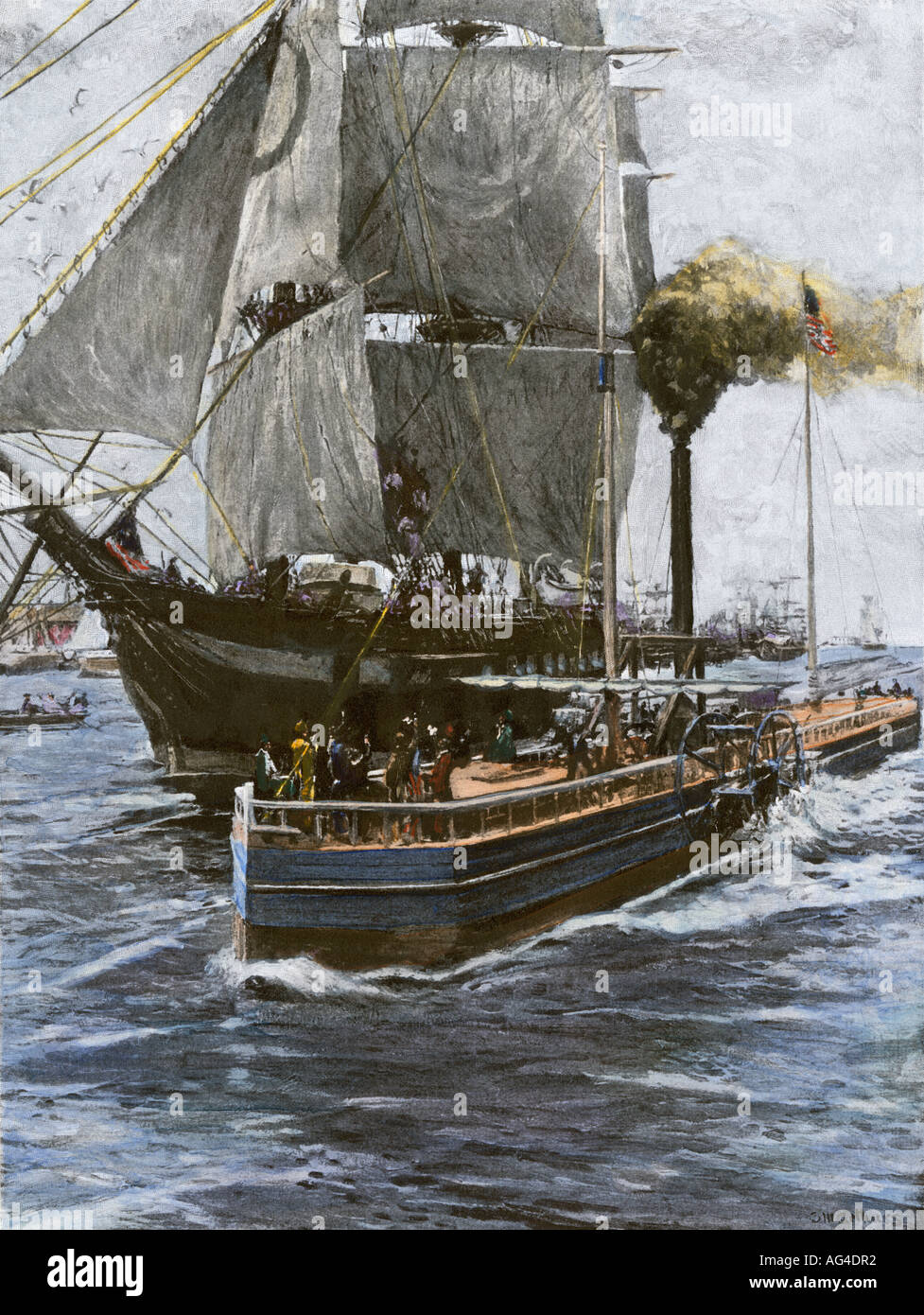 Primo viaggio di Steamboat Clermont sul fiume Hudson 1807. Colorate a mano di mezzitoni una illustrazione Foto Stock