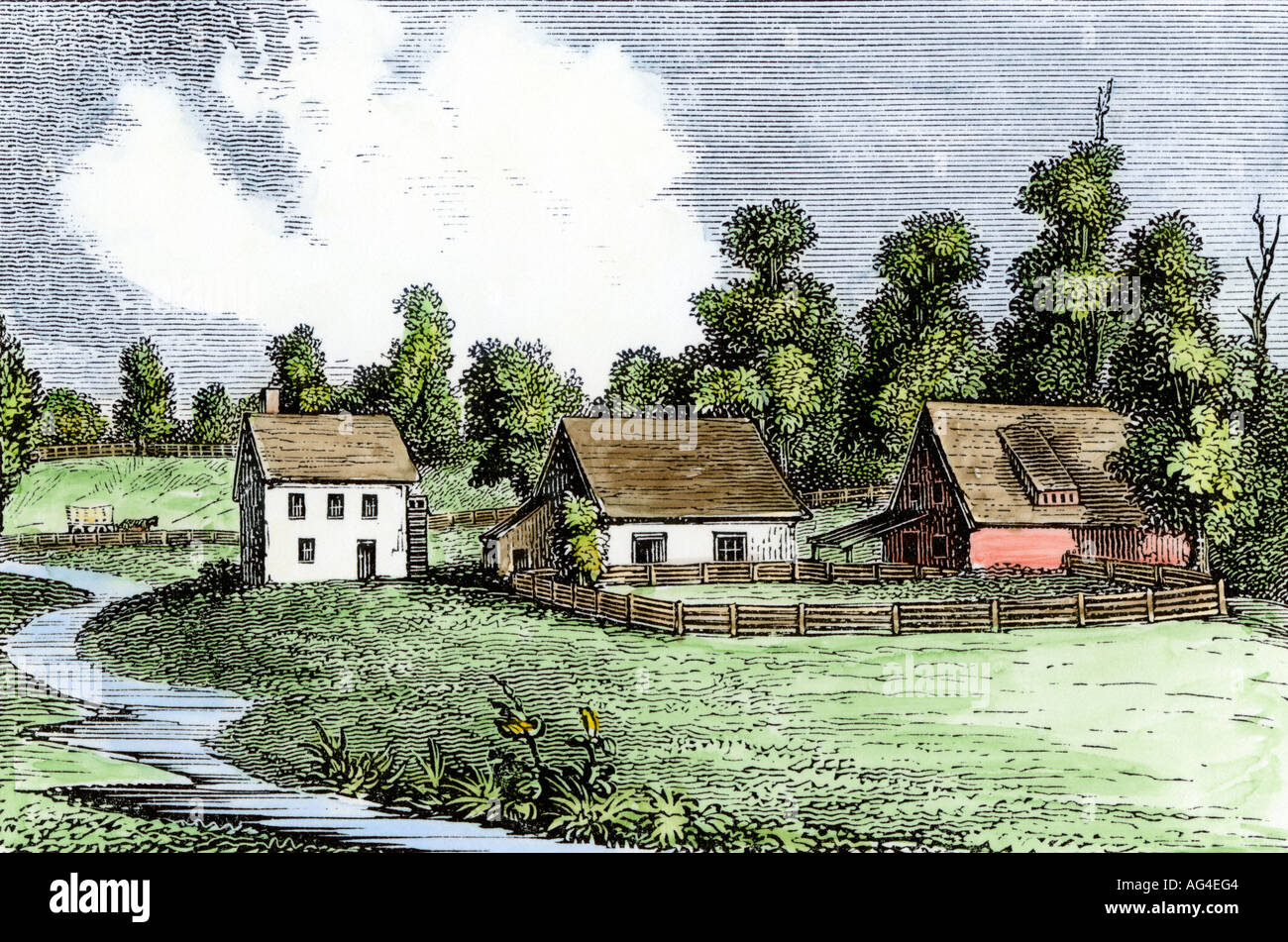 Calzolaio farm il primo maso a Germantown Pennsylvania Colony 1700s. Colorate a mano la xilografia Foto Stock