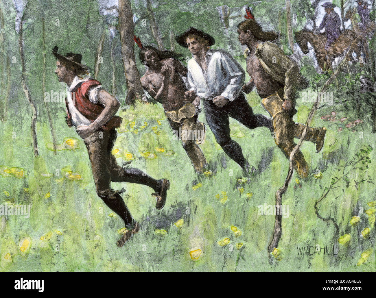 William Penn a piedi di accordo di acquisto con i nativi americani per territorio totale un uomo poteva camminare in 3 giorni. Colorate a mano di mezzitoni una illustrazione Foto Stock